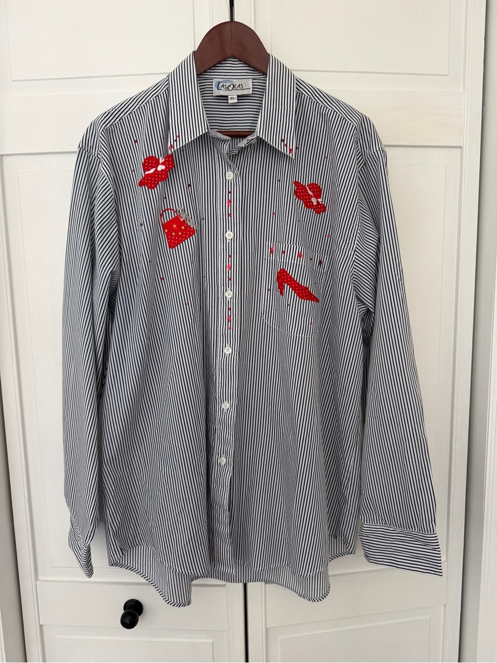 Las Olas Women's Striped Button-Down Shirt with Red Embroidered Motifs